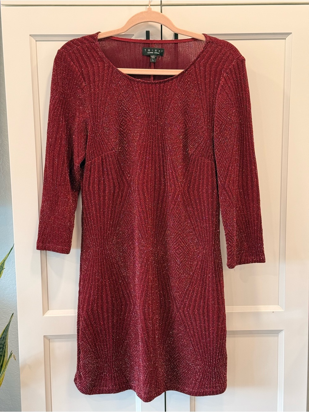 Trixxi Wine Red Metallic Knit Long Sleeve Dress